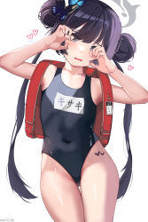 Rule 34 | 1girl, absurdres, backpack, bag, bare arms, bare legs, black hair, black one-piece swimsuit, blue archive, braid, braided bun, butterfly hair ornament, butterfly tattoo, collarbone, contrapposto, covered navel, cowboy shot, double bun, flat chest, grey eyes, hair bun, hair ornament, halo, head tilt, heart, highres, kisaki (blue archive), kkato, long hair, one-piece swimsuit, open mouth, randoseru, red bag, school swimsuit, sidelocks, simple background, solo, standing, swimsuit, tattoo, thigh gap, twintails, very long hair, wavy mouth, white background