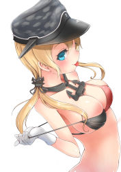 Rule 34 | 10s, 1girl, :p, adapted costume, anchor hair ornament, arched back, bad id, bad nicoseiga id, bikini, blue eyes, blush, breasts, camouflage, cleavage, gloves, hair ornament, hat, highres, kantai collection, long hair, low twintails, peaked cap, prinz eugen (kancolle), remodel (kantai collection), skindentation, solo, strap pull, swimsuit, tongue, tongue out, twintails, upper body, white gloves, yaosera