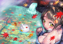Rule 34 | 10s, 1girl, animalization, autumn, back, bird, blush, breasts, brown eyes, brown hair, cleavage, duck, leaf, long hair, looking at viewer, looking back, love live!, love live! school idol project, medium breasts, minami kotori, onsen, reflection, ripples, sitting, smile, solo, steam, t.a.c.k., tack (dnet), wet