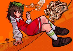Rule 34 | 1girl, animal ear piercing, animal ears, arm support, bow, bowtie, breasts, brown footwear, brown hair, cat ears, chen, cigarette, closed mouth, crossed legs, double-parted bangs, dress, full body, green hat, hair between eyes, hand up, hat, highres, holding, holding cigarette, kneehighs, leaf st, long hair, long sleeves, looking at viewer, mob cap, orange background, puffy long sleeves, puffy sleeves, reclining, red dress, red eyes, shoes, signature, sitting, small breasts, smoke, sneakers, socks, solo, touhou, tsurime, v-shaped eyebrows, white bow, white bowtie, white socks