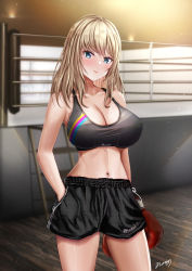 Rule 34 | 1girl, absurdres, aqua eyes, bad id, bad pixiv id, bare shoulders, black shorts, blonde hair, blush, boxing gloves, boxing ring, breasts, cleavage, closed mouth, collarbone, cowboy shot, hand in pocket, highres, indoors, large breasts, light particles, long hair, looking at viewer, navel, navel piercing, nori chazuke, original, piercing, shorts, signature, solo, sports bra, stomach, sweat