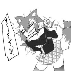 Rule 34 | 10s, 1girl, anger vein, angry, animal ears, clenched teeth, collar, eri (yangyang nickbow), fur collar, grey wolf (kemono friends), greyscale, kemono friends, leash, long hair, monochrome, multicolored hair, necktie, plaid, plaid skirt, pleated skirt, skirt, solo, tail, teeth, thighhighs, uneven eyes, wolf ears, wolf tail