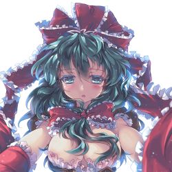 Rule 34 | 1girl, blurry, blush, bow, breasts, cleavage, colored eyelashes, depth of field, detached sleeves, female focus, foreshortening, frills, front ponytail, green eyes, green hair, hair bow, highres, kagiyama hina, looking at viewer, matching hair/eyes, north abyssor, open mouth, outstretched arms, ribbon, simple background, solo, touhou, upper body, white background, wrist ribbon