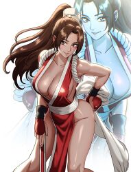 Rule 34 | 1girl, absurdres, arm guards, bare shoulders, breasts, brown eyes, brown hair, cleavage, fatal fury, folded fan, folding fan, hand fan, high ponytail, highres, holding, holding fan, japanese clothes, large breasts, long hair, ninja, pea-bean, pelvic curtain, ponytail, revealing clothes, rope, shiranui mai, sideboob, smile, snk, solo, the king of fighters, thighs