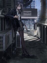 Rule 34 | 1girl, air conditioner, balisong, black bow, black bowtie, black choker, black eyes, black footwear, black hair, black jacket, black nails, black pantyhose, black skirt, boots, bow, bowtie, building, choker, city, commentary request, hair over one eye, high heel boots, high heels, highres, holding, holding knife, industrial pipe, infukun, jacket, knife, leaning on object, looking at viewer, original, pantyhose, shirt, short hair, skirt, sky, smile, solo, wedge heels, white shirt