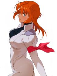 1girl arm_ribbon blue_eyes commentary_request francesca_o&#039;hara gundam highres long_hair mecha_pilot_suit miromari open_mouth orange_hair ribbon simple_background solo victory_gundam white_background