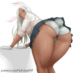 Rule 34 | 1girl, animal ears, artist name, ass, blonde hair, boku no hero academia, dark-skinned female, dark skin, from behind, gloves, green skirt, highres, kneepits, leaning forward, lifted by tail, long hair, looking back, mirko, nofuture, panties, presenting, rabbit ears, rabbit girl, rabbit tail, red eyes, school uniform, shirt, skirt, sleeves rolled up, solo, tail, thick thighs, thighs, toned, underwear, white background, white gloves, white panties, white shirt