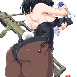Rule 34 | ..., 1girl, ass, assault rifle, back-seamed legwear, bare shoulders, black hair, black leotard, black pantyhose, bottle, breasts, cleaning, cleaning weapon, curvy, dd (ijigendd), from behind, gun, h&amp;k g36, holding, holding bottle, huge ass, leotard, medium breasts, numbered, original, over shoulder, pantyhose, playboy bunny, rabbit tail, rifle, seamed legwear, short hair, simple background, solo, speech bubble, spoken ellipsis, standing, strapless, strapless leotard, tail, thick thighs, thighs, weapon, white background, wide hips