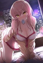 Rule 34 | all fours, babydoll, bare shoulders, barefoot, blush, breasts, cleavage, closed mouth, collarbone, commentary, commentary request, condom, condom in mouth, condom wrapper, highres, idolmaster, idolmaster cinderella girls, indoors, jougasaki mika, large breasts, long sleeves, looking at viewer, mk (mod0), mouth hold, pink hair, see-through, solo, thighs, white babydoll, window, yellow eyes