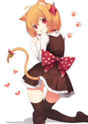 Rule 34 | 1girl, animal ears, bell, black skirt, black thighhighs, black vest, blonde hair, cat ears, cat tail, hair between eyes, hair ribbon, highres, jingle bell, kemonomimi mode, long sleeves, no panties, paw print, red eyes, red ribbon, ribbon, rumia, sh (shinh), shadow, shirt, short hair, skirt, smile, solo, tail, thighhighs, tongue, tongue out, touhou, vest, white background, white shirt