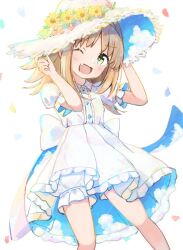 Rule 34 | + +, 1girl, ;d, alternate costume, bare arms, bare legs, bloomers, commentary, confetti, dot nose, dress, fang, flower, frilled dress, frills, green eyes, hands on headwear, hands up, happy, hat, hat flower, highres, light blush, looking at viewer, oka asahi, one eye closed, onii-chan wa oshimai!, open mouth, parted bangs, simple background, smile, solo, sun hat, tetesudeesu, underwear, white background, white bloomers, white dress, white hat