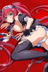 Rule 34 | 1girl, airi (queen&#039;s blade), airi (queen&#039;s blade unlimited), apron, ass, black dress, black thighhighs, blue eyes, blush, bow, breast press, breasts, chain, chain leash, cleavage, crotch seam, dress, frills, hair bow, holding, holding weapon, leash, long hair, looking at viewer, lying, maid, maid apron, maid headdress, medium breasts, no bra, on stomach, panties, puffy short sleeves, puffy sleeves, queen&#039;s blade, queen&#039;s blade unlimited, queen&#039;s blade white triangle, red background, red hair, ribbon, scythe, short sleeves, solo, thighhighs, thighs, torn clothes, torn dress, twintails, underwear, very long hair, weapon, white panties, wrist cuffs