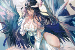 Rule 34 | 1girl, albedo (overlord), black feathers, black hair, black wings, breasts, cleavage, cowboy shot, day, demon girl, demon horns, demon wings, detached collar, dress, feathered wings, feathers, floating hair, gloves, hip vent, horns, kappo, large breasts, layered gloves, long hair, looking at viewer, low wings, open mouth, overlord (maruyama), sky, sleeveless, smile, solo, standing, white dress, white gloves, white horns, wings, yellow eyes