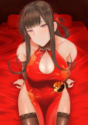 Rule 34 | 1girl, absurdres, ahoge, bare shoulders, blunt bangs, blush, breasts, brown hair, china dress, chinese clothes, cleavage, cleavage cutout, closed mouth, clothing cutout, dress, dsr-50 (girls&#039; frontline), dsr-50 (red peony) (girls&#039; frontline), flower, girls&#039; frontline, hair flower, hair ornament, head tilt, highres, large breasts, long hair, looking at viewer, official alternate costume, red dress, red eyes, sam desu, sidelocks, sitting, smile, solo, thighs, very long hair
