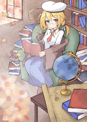 Rule 34 | 1girl, absurdres, ahoge, alternate costume, armchair, autumn leaves, beret, blonde hair, blue eyes, blue skirt, blush, book, book stack, bookshelf, breasts, chair, closed mouth, collared shirt, commentary request, fringe trim, glasses, globe, hair ribbon, hat, highres, holding, holding book, i-8 (kancolle), ichi (ichi.colors), indoors, kantai collection, leaf, low twintails, map, maple leaf, medium breasts, on chair, open book, open window, ribbon, shawl, shirt, sitting, skirt, smile, solo, table, twintails, white hat, white ribbon, white shirt, window