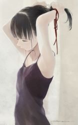Rule 34 | 1girl, arms behind head, arms up, bare shoulders, black hair, blunt bangs, breasts, camisole, commentary request, eyelashes, hair strand, highres, holding, holding hair, junito715, looking away, looking down, original, ponytail, red ribbon, ribbon, signature, sleeveless, small breasts, solo, spaghetti strap, tying hair, upper body