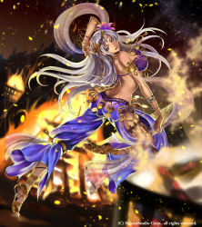 Rule 34 | 1girl, anklet, back, barefoot, barefoot sandals (jewelry), blue eyes, bracelet, breasts, cleavage, company name, dagger, dancer, dark-skinned female, dark skin, earrings, facial mark, fire, forehead mark, full body, grey hair, gyakushuu no fantasica, hair ornament, highres, jewelry, knife, long hair, nail polish, necklace, official art, open mouth, rinneroll, solo, teeth, tiara, tiptoes, toes, weapon