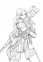 Rule 34 | 00s, 1girl, breasts, elf, elvaan, final fantasy, final fantasy xi, greyscale, gun, holster, monochrome, pointy ears, ranger, reloading, rifle, simple background, sniper, sniper rifle, solo, weapon