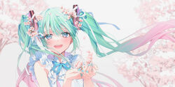 Rule 34 | 1girl, :d, absurdres, blue eyes, blue nails, blue ribbon, cherry blossoms, commentary, floating hair, flower, gradient hair, green hair, hair between eyes, hair flower, hair ornament, hatsune miku, highres, long hair, looking at viewer, miku day, moro (from m0r0), multicolored hair, nail polish, neck ribbon, open mouth, pink flower, pink hair, ribbon, shirt, sleeveless, sleeveless shirt, smile, solo, spring (season), twintails, upper body, very long hair, vocaloid, white shirt