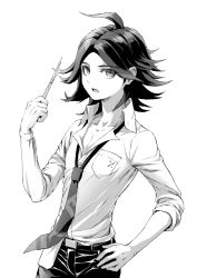 Rule 34 | 1boy, ahoge, belt, belt buckle, breast pocket, buckle, collarbone, collared shirt, commentary request, cowboy shot, danganronpa, danganronpa/zero, danganronpa (series), dress shirt, greyscale, hand on own hip, hand up, holding, long sleeves, looking at viewer, loose necktie, male focus, matsuda yasuke, monochrome, necktie, open mouth, pants, pocket, scalpel, shirt, shirt partially tucked in, simple background, solo, striped, white background, youko-shima