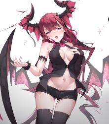 Rule 34 | 1girl, absurdres, armband, black shirt, black shorts, black thighhighs, breasts, bridal gauntlets, center opening, cowboy shot, demon horns, demon wings, fingernails, groin, hair ornament, hand on own chest, heterochromia, highres, hololive, hololive english, horns, irys (hololive), long hair, looking at viewer, medium breasts, micro shorts, namiorii, navel, open mouth, pointy ears, purple eyes, red eyes, red hair, shirt, shorts, single bridal gauntlet, sleeveless, sleeveless shirt, solo, thighhighs, very long hair, virtual youtuber, wings, wristband