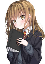 Rule 34 | 1girl, absurdres, black jacket, book, brown eyes, brown hair, closed mouth, commentary, diagonal stripes, dress shirt, grey sweater, harry potter (series), hermione granger, highres, hogwarts school uniform, holding, holding book, jacket, kawai ritsu (rits meg), light blush, long sleeves, looking at viewer, medium hair, necktie, red necktie, school uniform, shirt, smile, solo, standing, striped necktie, striped neckwear, sweater, upper body, v-neck, white shirt, wing collar, wizarding world, yellow necktie