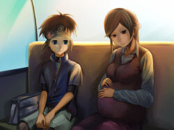 1boy 1girl bad_id bad_pixiv_id bag blue_eyes blue_jacket blue_shirt brown_eyes brown_hair clerk_(pokemon) closed_mouth creatures_(company) dress ferris_wheel_interior game_freak hands_on_own_stomach jacket long_hair long_sleeves milmir motherly nate_(pokemon) nintendo pink_dress pokemon pokemon_bw2 pregnant shirt short_hair smile sunlight visor_cap