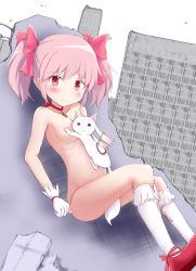 Rule 34 | 1girl, 1other, absurdres, between legs, breasts, cleavage, covered erect nipples, embarrassed, feet out of frame, frown, gloves, hair ribbon, highres, kaname madoka, kneehighs, knees up, kyubey, looking at viewer, mahou shoujo madoka magica, mahou shoujo madoka magica (anime), outdoors, pink eyes, pink hair, pink ribbon, red footwear, red ribbon, ribbon, shoes, short hair, small breasts, socks, soul gem, tail, tail between legs, thighs, torn clothes, torn legwear, torn socks, tsunaniki, twintails, wavy mouth, white gloves, white socks