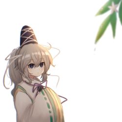 Rule 34 | 1girl, black eyes, black hat, blurry, blurry foreground, closed mouth, hair between eyes, hat, highres, japanese clothes, kariginu, long hair, long sleeves, looking at viewer, mononobe no futo, neck ribbon, own hands together, pipita, plant, pom pom (clothes), ponytail, purple ribbon, ribbon, ribbon-trimmed sleeves, ribbon trim, silver hair, simple background, solo, tate eboshi, touhou, upper body, white background, wide sleeves