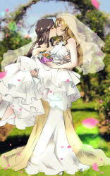 Rule 34 | 2girls, absurdres, arm around back, arm around shoulder, bare arms, bare shoulders, blurry, blurry background, bouquet, breasts, bridal veil, brown hair, carrying, carrying person, choker, closed eyes, closed mouth, collarbone, commentary, commentary request, commission, day, dress, earrings, english commentary, face-to-face, falling petals, female focus, fingernails, flower, gem, glint, grass, hair flower, hair ornament, half updo, halter dress, halterneck, hand on another&#039;s shoulder, hands up, high heels, highres, holding, holding bouquet, jewelry, jun (kyurisin), kiss, lens flare, light particles, lily (flower), long dress, long hair, medium breasts, mixed-language commentary, multiple girls, off-shoulder dress, off shoulder, outdoors, pearl (gemstone), pendant, petals, pink flower, princess carry, profile, pumps, ring, saijou claudine, see-through, shoujo kageki revue starlight, sidelocks, skeb commission, smile, standing, sunflower, tendou maya, two-tone dress, veil, wavy hair, wedding, wedding dress, wedding ring, white choker, white dress, white flower, white footwear, wife and wife, yellow dress, yellow flower, yuri