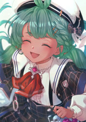 Rule 34 | 1girl, ascot, bow, braid, capelet, closed eyes, granblue fantasy, green hair, hat, hat bow, highres, kolulu (granblue fantasy), mifuta, open mouth, red ascot, solo, striped clothes, thick eyebrows