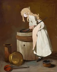 Rule 34 | 1girl, apron, barrel, black footwear, blonde hair, blush, bow, brown background, curly hair, dot mouth, dress, faux traditional media, frying pan, grey bow, hair bow, haru (ririne9999rine), highres, holding, holding frying pan, long hair, looking back, original, solo, standing, white dress, yellow eyes