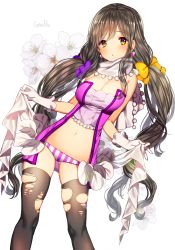 Rule 34 | 1girl, bad id, bad pixiv id, bare shoulders, black hair, black thighhighs, blush, bow, breasts, cleavage, earrings, eyebrows, floral background, flower, frills, gambe, gloves, hair bow, holding, jewelry, large breasts, legs apart, long hair, looking at viewer, low twintails, navel, original, panties, pom pom (clothes), purple panties, scarf, signature, solo, sparkle, standing, stomach, striped clothes, striped panties, thighhighs, torn clothes, torn thighhighs, twintails, underwear, vertical-striped clothes, vertical-striped panties, very long hair, white background, white gloves, white scarf, yellow eyes