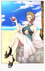 Rule 34 | 1girl, absurdres, adapted costume, alcohol, bare shoulders, beach, bottle, breasts, brown hair, capelet, cloud, cloudy sky, cup, dress, drinking glass, fire emblem, fire emblem: three houses, green dress, heels, high heels, highres, large breasts, crossed legs, looking at viewer, manuela casagranda, mole, mole under eye, nintendo, short hair, shynrinn, sitting, sky, smile, solo, wine, wine bottle, wine glass