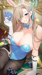Rule 34 | 1girl, absurdres, animal ears, asuna (blue archive), asuna (bunny) (blue archive), bare shoulders, blue archive, blue bow, blue bowtie, blue eyes, blue leotard, blue ribbon, bow, bowtie, breasts, brown pantyhose, card, detached collar, fake animal ears, gloves, hair over one eye, hair ribbon, halo, highres, large breasts, leotard, light brown hair, long hair, looking at viewer, mole, mole on breast, official alternate costume, pantyhose, playboy bunny, playing card, poker chip, poker table, rabbit ears, ribbon, smile, solo, table, thighband pantyhose, white gloves, yeije