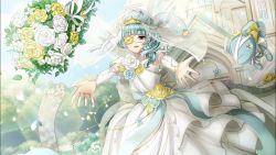 Rule 34 | 1boy, blue hair, blunt bangs, bouquet, bow, bridal gauntlets, bridal veil, curly hair, dress, ekaterina (senjuushi), eyepatch, flower, frilled dress, frills, game cg, girly boy, gown, half-closed eyes, half updo, long hair, looking at viewer, male focus, official art, open mouth, outdoors, outstretched arms, purple eyes, ribbon, sash, see-through, senjuushi: the thousand noble musketeers, senjuushi (series), smile, solo, stuffed toy, tiara, trap, veil, wedding dress, white dress