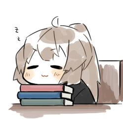 Rule 34 | 1girl, :3, = =, ahoge, black shirt, book, book stack, closed eyes, closed mouth, commentary request, harvest fes, librarian (project moon), library of ruina, light brown hair, no nose, ponytail, project moon, shirt, sketch, sleeping, solo, v-shaped eyebrows, zzz