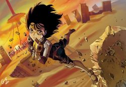 Rule 34 | 1990s (style), 1girl, as109, bad id, bad pixiv id, black hair, brown eyes, casing ejection, cyborg, alita, gun, battle angel alita, highres, looking back, shell casing, short hair, solo, weapon