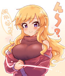 Rule 34 | 1girl, bare shoulders, black sweater, blonde hair, blue eyes, blush, breasts, commentary request, highres, idolmaster, idolmaster cinderella girls, jacket, large breasts, long hair, looking at viewer, ohtsuki yui, red jacket, simple background, sleeveless, sleeveless turtleneck, smile, solo, sweater, tong (freedom2000), turtleneck, turtleneck sweater, wavy hair, zipping