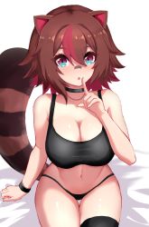 Rule 34 | 1girl, :o, animal ears, bandaid, bandaid on face, bandaid on nose, bare arms, bare shoulders, bed sheet, black bra, black choker, black panties, black thighhighs, blue eyes, blush, bra, breasts, brown hair, chain, chain necklace, choker, cleavage, collarbone, colored inner hair, colored tips, commentary, finger to mouth, hair between eyes, highres, index finger raised, jewelry, large breasts, linea alba, looking at viewer, multicolored eyes, multicolored hair, navel, necklace, on bed, owozu, panties, raccoon ears, raccoon girl, raccoon tail, rakkun sutaru, red eyes, red hair, short hair, shushing, sidelocks, sitting, slash-ex, solo, spanish commentary, stomach, tail, thigh gap, thighhighs, thighs, two-tone hair, underwear, virtual youtuber, wristband