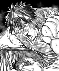 Rule 34 | 1boy, absurdres, bleeding, blood, bloody tears, breath, collarbone, crazy eyes, dripping, fingernails, greyscale, hair between eyes, hatching (texture), hayami masaki, highres, kengan ashura, male focus, monochrome, muscular, muscular male, open mouth, saliva, saliva trail, solo, sweat, teeth, tongue, tongue out, urec