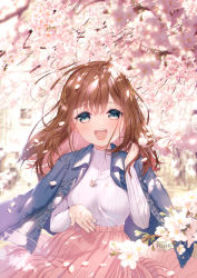 Rule 34 | 1girl, :d, artist name, blue eyes, blurry, blurry background, blurry foreground, blush, branch, breasts, brown hair, cherry blossoms, colored inner hair, commentary request, day, depth of field, flower, hair between eyes, hair ornament, highres, long hair, long sleeves, medium breasts, multicolored hair, open mouth, original, outdoors, petals, pink skirt, pleated skirt, ribbed sweater, rosuuri, round teeth, skirt, smile, solo, spring (season), sweater, teeth, upper teeth only, watermark, web address, white flower, white sweater