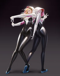Rule 34 | 2girls, absurdres, back, back-to-back, blonde hair, blue eyes, bodysuit, breasts, covered navel, dual persona, full body, gradient background, gwen stacy, hairband, hand on another&#039;s hip, highres, hood, hooded bodysuit, impossible clothes, looking back, looking to the side, marvel, mask, medium hair, multiple girls, outstretched arm, realistic, shiny clothes, skin tight, smile, spider-gwen, spider-man (series), spider web print, standing, superhero costume, taekwon kim, tiptoes, v