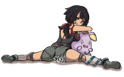Rule 34 | 1girl, ass, back cutout, black hair, black shirt, breasts, clothing cutout, commentary, creatures (company), game freak, gen 3 pokemon, gigobyte350, grey footwear, grey shorts, grin, highres, korean text, leaning forward, long hair, looking back, nintendo, over-kneehighs, pokemon, pokemon (creature), pokemon oras, ponytail, red eyes, shirt, shoes, shorts, sleeveless, sleeveless shirt, smile, split, teeth, thighhighs, wedgie, whismur, zinnia (pokemon)