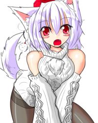 Rule 34 | 1girl, animal ears, bare shoulders, black pantyhose, blush, blush stickers, breasts, detached sleeves, fang, hat, inubashiri momiji, looking at viewer, lowres, mutsuki (suzumayu), open mouth, pantyhose, pom pom (clothes), red eyes, short hair, silver hair, solo, tail, thighband pantyhose, tokin hat, touhou, v arms, wolf ears, wolf tail