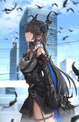Rule 34 | 1girl, absurdres, advarcher, black gloves, black hair, black jacket, black skirt, blue hair, blurry, blurry background, breasts, building, city, closed mouth, clothing cutout, colored inner hair, commentary, cowboy shot, day, feather-trimmed jacket, feather-trimmed sleeves, feathers, from side, gloves, highres, hololive, hololive english, horn flower, jacket, long hair, long sleeves, looking at viewer, looking to the side, medium breasts, miniskirt, mole, mole under eye, multicolored hair, nerissa ravencroft, nerissa ravencroft (1st costume), o-ring, o-ring legwear, off shoulder, outdoors, profile, red eyes, shirt, shoulder cutout, side slit, sidelocks, sideways glance, skirt, smile, solo, standing, straight hair, underbust, very long hair, virtual youtuber, waistcoat, white shirt