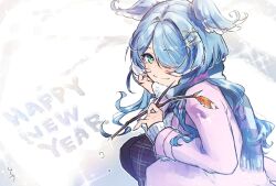 Rule 34 | 1girl, aqua eyes, blue hair, branch, casual, coat, elira pendora, hair ornament, hair over one eye, hairclip, happy new year, head rest, head wings, highres, holding, holding branch, looking at viewer, new year, nijisanji, nijisanji en, pantyhose, scarf, skirt, smile, snow, solo, squatting, tottiitottii, twig, virtual youtuber, wings