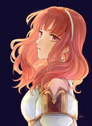 Rule 34 | 1girl, akke, armor, bad id, bad twitter id, celica (fire emblem), dress, fire emblem, fire emblem echoes: shadows of valentia, jewelry, long hair, looking at viewer, nintendo, red armor, red eyes, red hair, simple background, solo, tiara, white armor