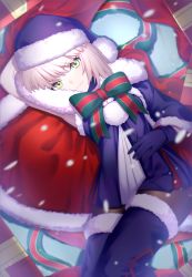 Rule 34 | 1girl, arm behind head, artoria pendragon (all), artoria pendragon (fate), black gloves, black pantyhose, blonde hair, blue hat, capelet, christmas, fate/grand order, fate (series), from above, gloves, hat, highres, lanzi (415460661), looking at viewer, lying, on back, pantyhose, saber (fate), saber alter, santa alter, santa costume, santa hat, short hair, solo, thighhighs, yellow eyes
