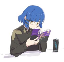 Rule 34 | 1girl, absurdres, black shirt, blue hair, bocchi the rock!, book, can, dorarin, drink can, earrings, eyes visible through hair, glasses, hair tie, highres, holding, holding book, jewelry, mole, mole under eye, reading, shirt, short hair, soda can, yamada ryo, yellow eyes